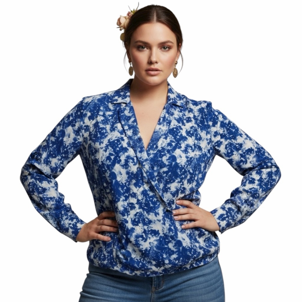 Calvin Klein Womens Faux Wrap Blouse Top 1X Cloudy Oversized Art To Wear Career